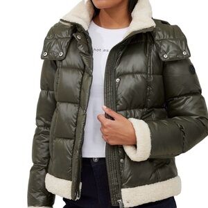 French Connection Olive Puffer Jacket with Cream Accents
